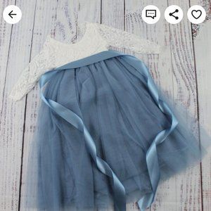 Long White Lace/ Dusty Blue tulle flower girl dress